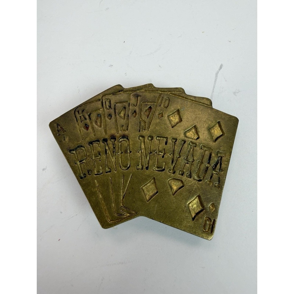 Reno Nevada Belt Buckle Playing Cards Poker Hand Solid Brass Vintage